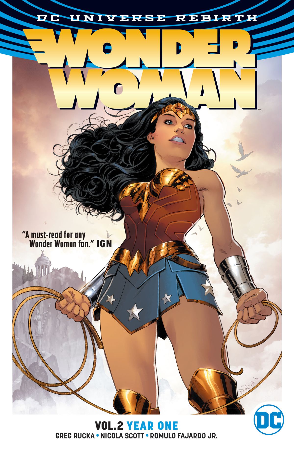 Wonder Woman stands triumphantly on Themyscira with her golden lasso on the cover of Wonder Woman: Year One.