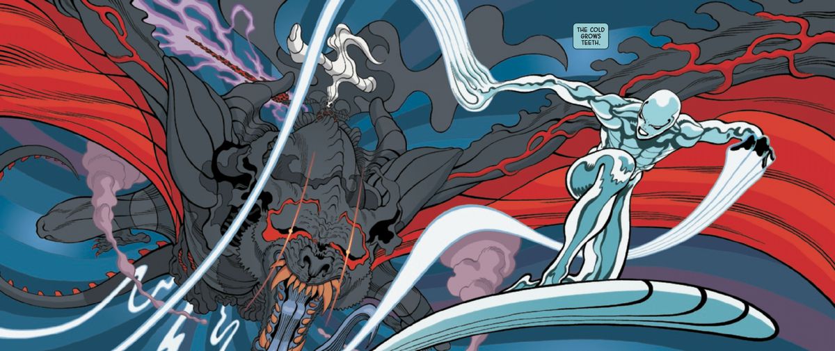 The Silver Surfer flees through space from the dark god Knull, who is riding a symbiote-dragon, in Silver Surfer Black #2, Marvel Comics (2019).