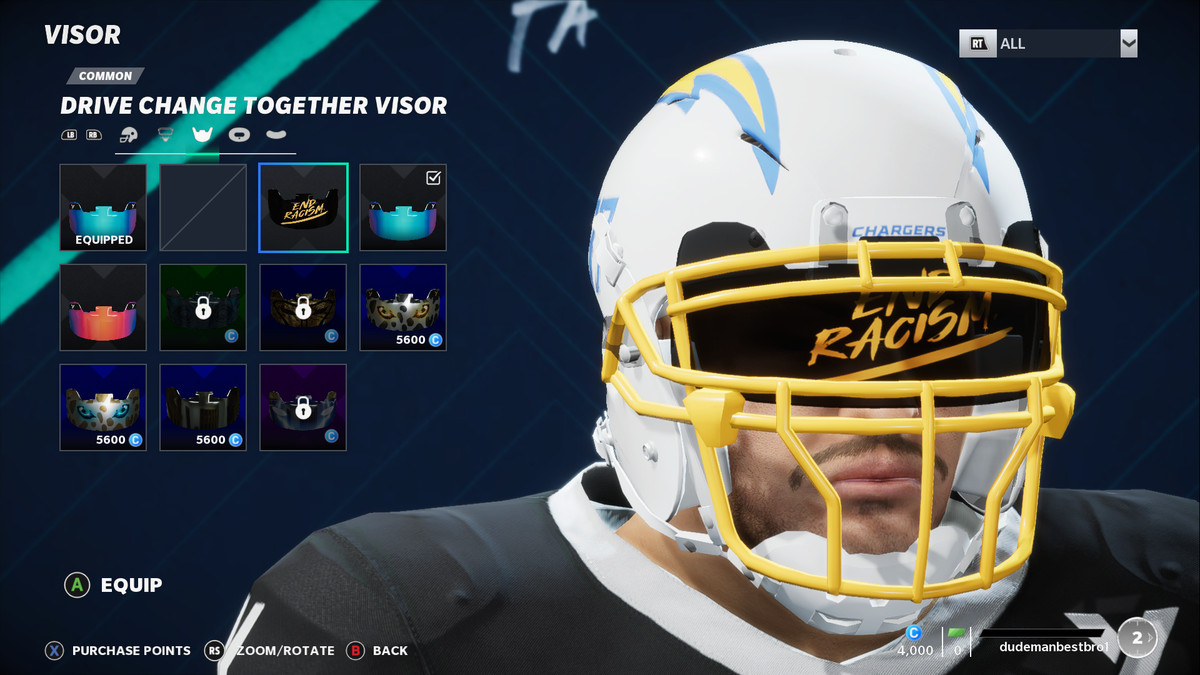 A customization screen in Madden NFL 21 shows a player with a tinted visor that says END RACISM.