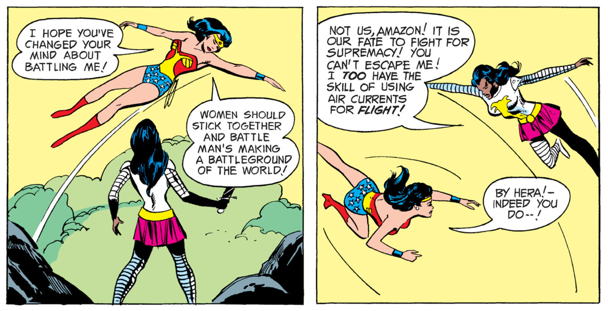 Wonder Woman och Nubia sveper genom luften runt varandra i Wonder Woman # 206, DC Comics (1973). 