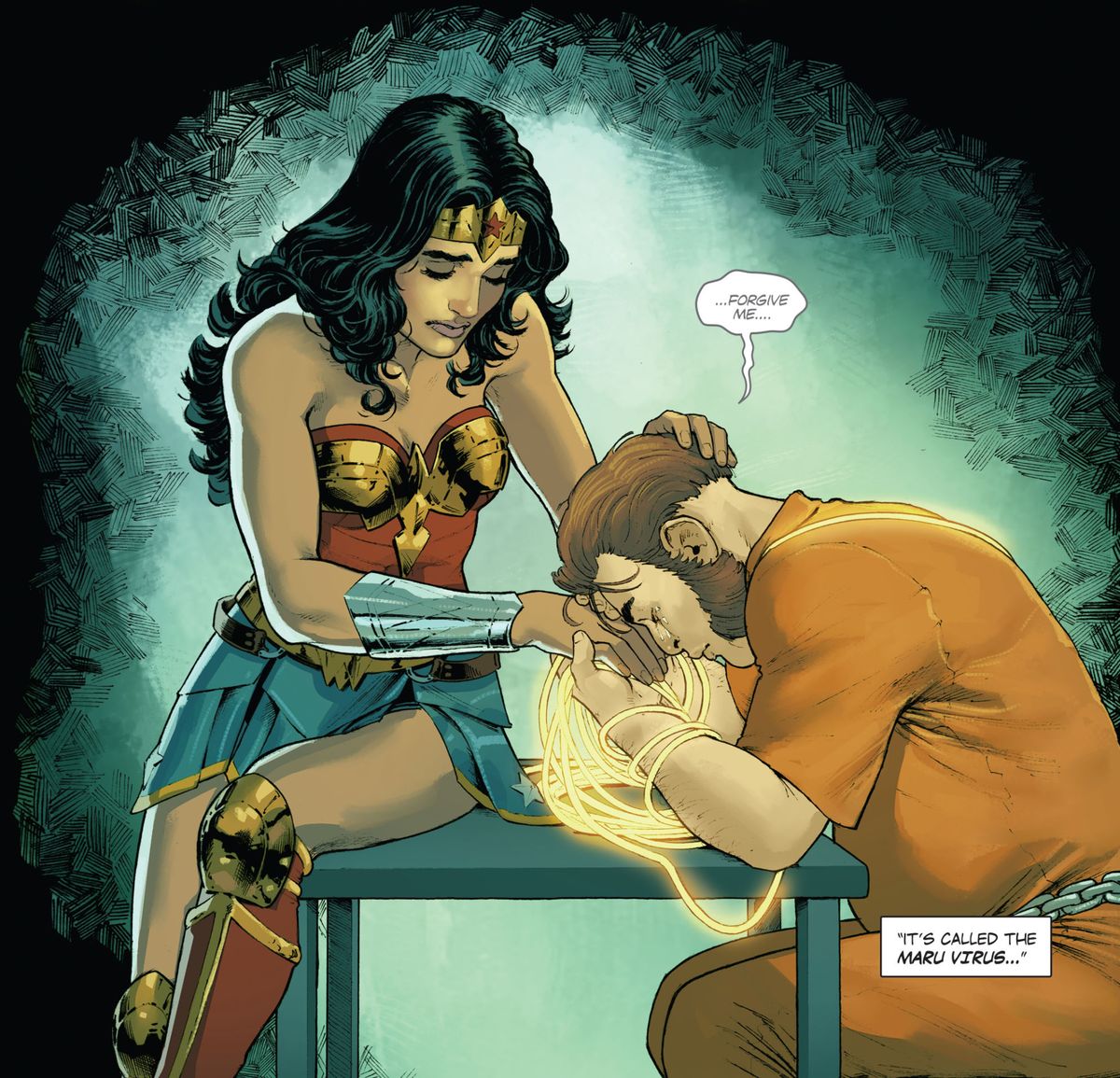 Wonder Woman tröstar en gråtande och ångerfull man i fängelset, med armarna insvept i hennes gyllene lasso, i Wonder Woman # 12, DC Comics (2016). 
