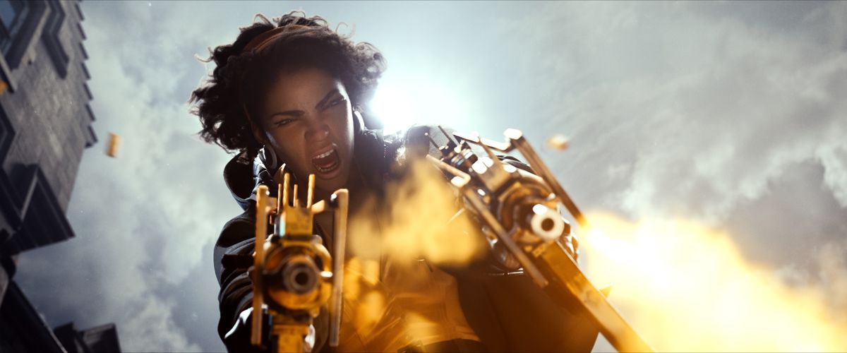 Julianna fires a pair of submachine guns in a cinematic still from Deathloop