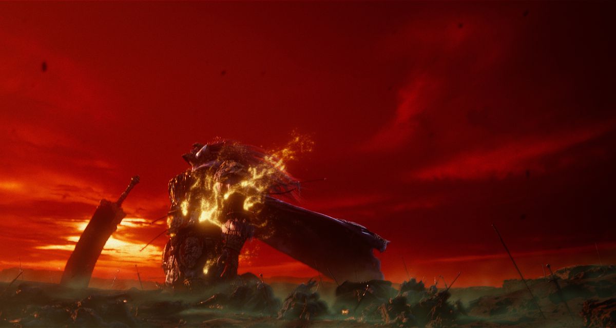 Artwork of a knight in flames against a red sunset from Elden Ring.