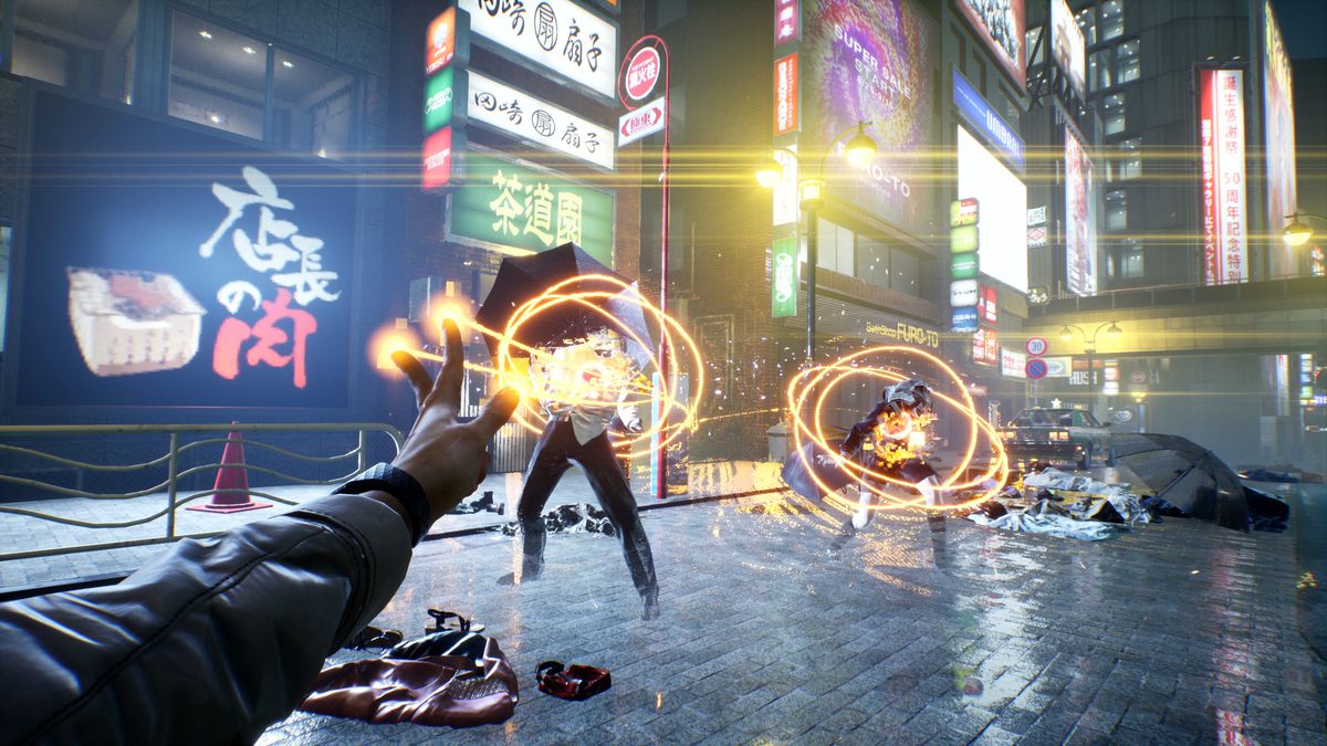 The player fires magic beams at enemies in a screenshot from GhostWire: Tokyo