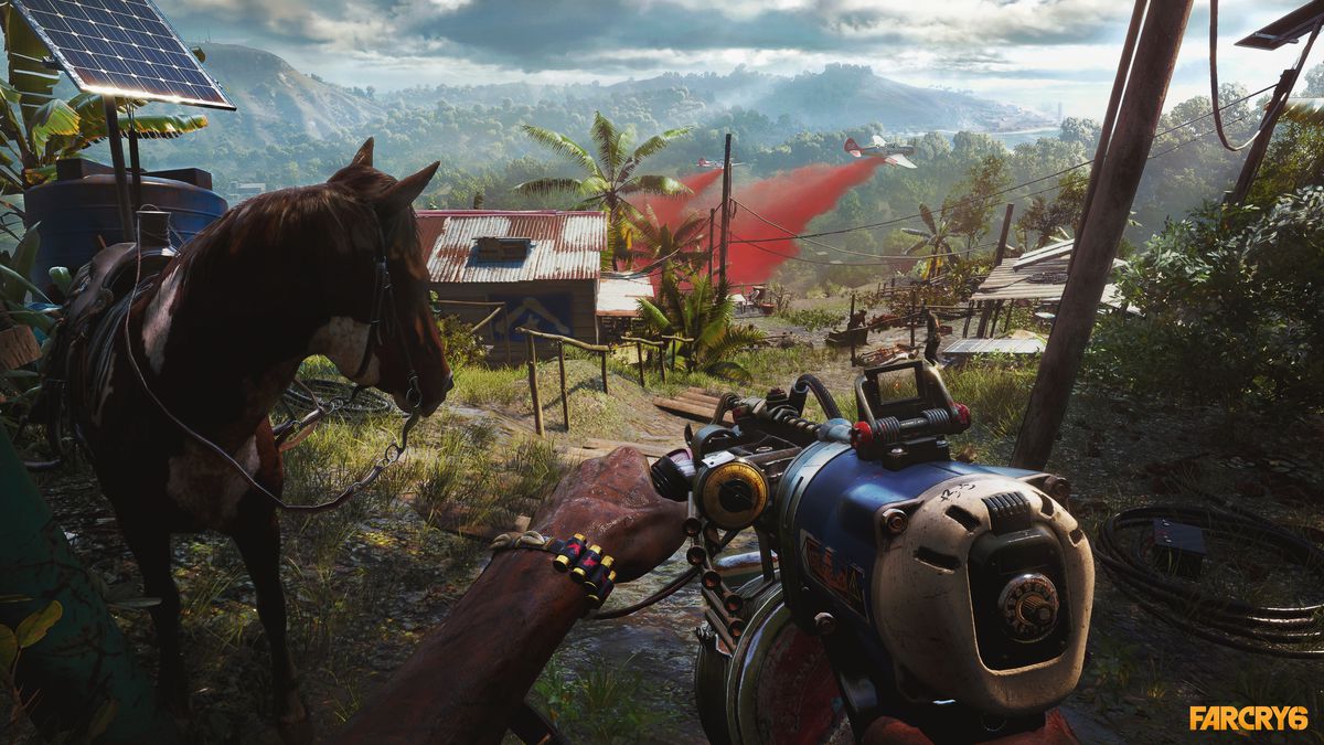 The player aims a DIY gun next to a mule in a screenshot from Far Cry 6