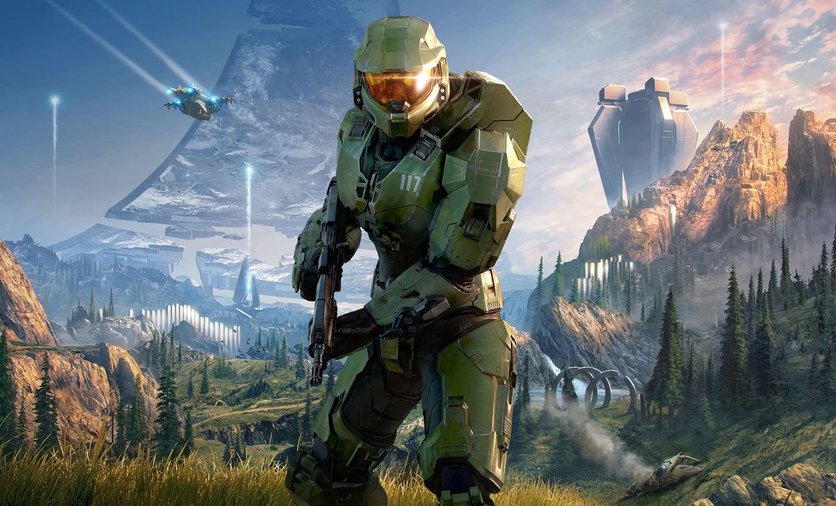 artwork of Master Chief on a Halo ring from Halo Infinite