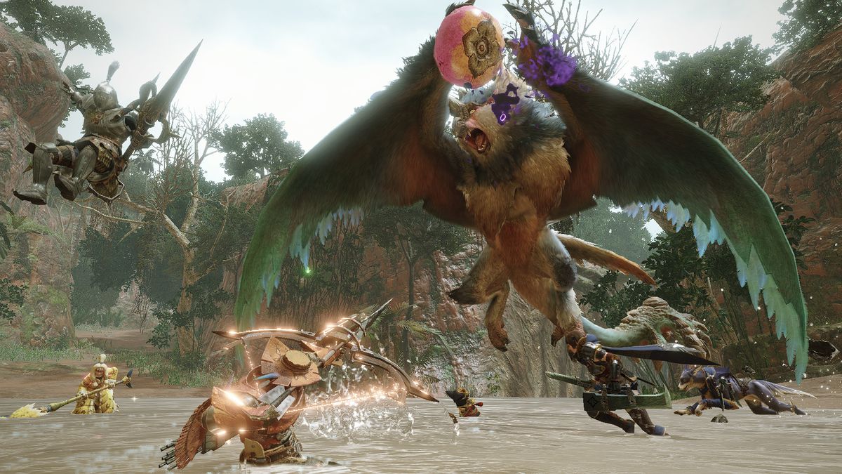 A group of hunters battles a Bishaten in a screenshot from Monster Hunter Rise