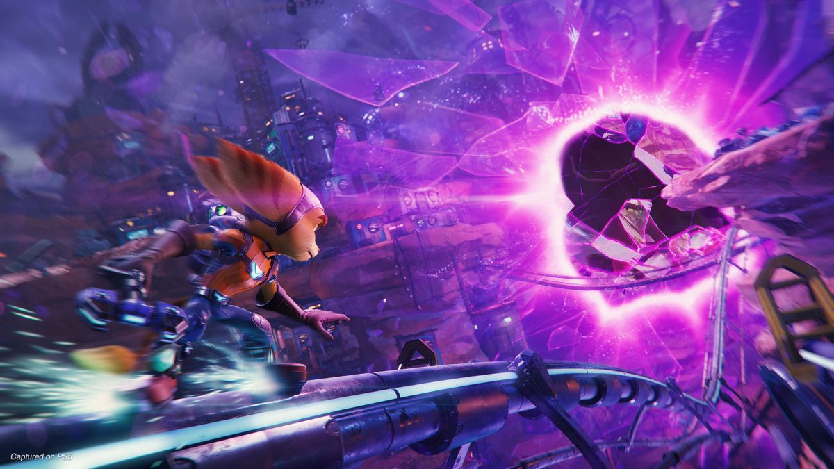 Ratchet grinds on a rail toward a glowing purple portal in a screenshot from Ratchet & Clank: Rift Apart