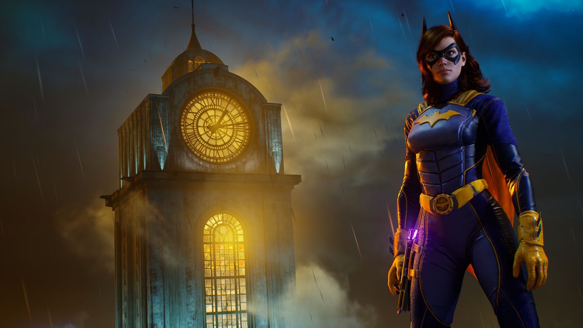 Batgirl stands in front of a clock tower in a screenshot from Gotham Knights