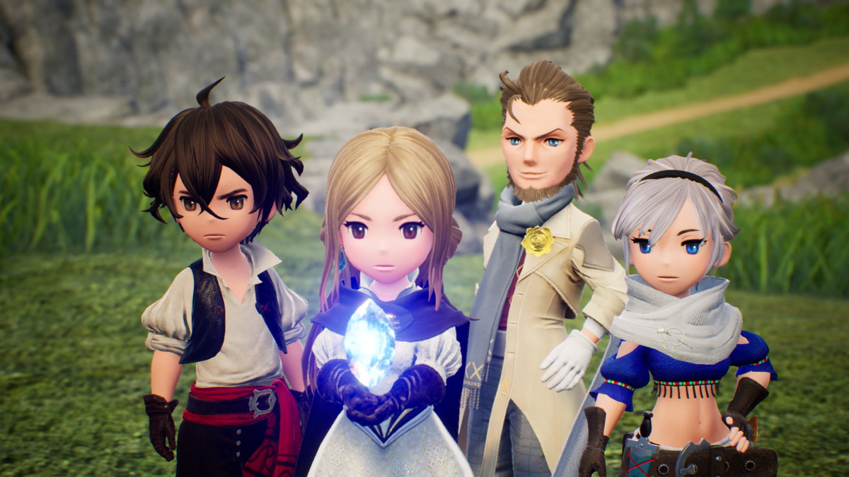 Four characters stand with a crystal in artwork from Bravely Default 2