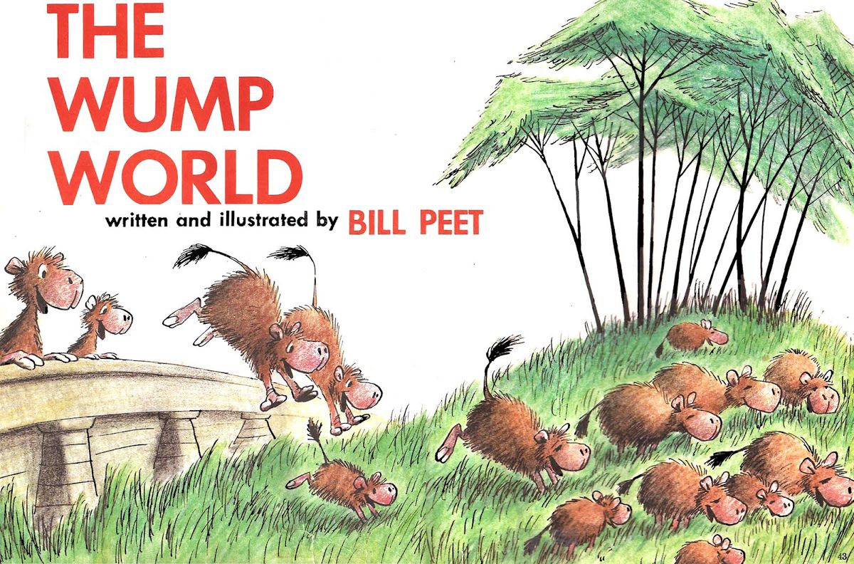 An illustration from The Wump World by Bill Peet. A herd of wumps — who look like capybara with elephant tails and ungulate feet — leaping joyfully over a concrete barrier into a nice green field with umbrella-shaped trees. 