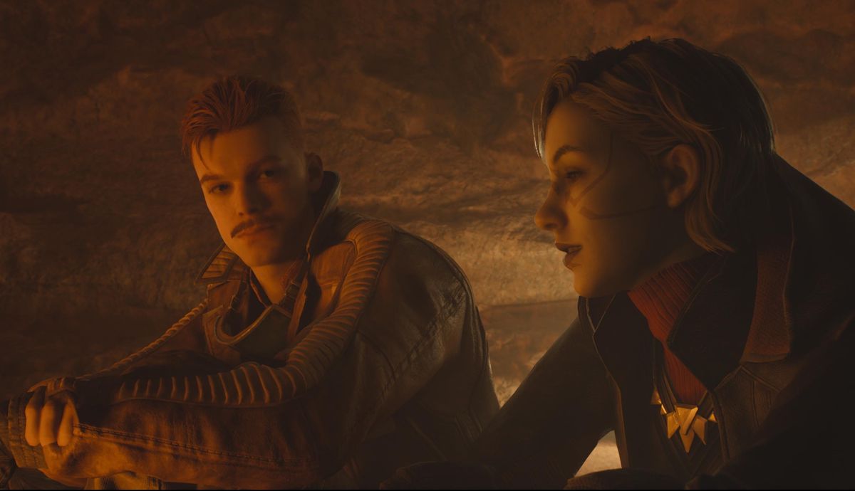 Cal och Merrin har ett samtal i en grotta i Star Wars Jedi: Survivor