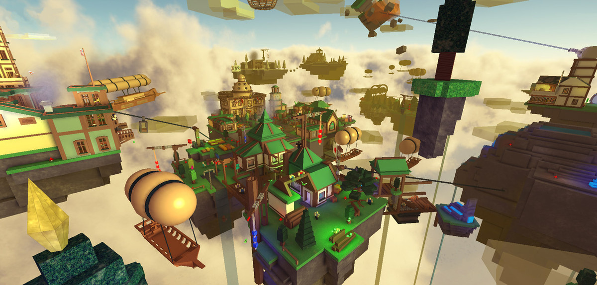 A screenshot shows a bustling city, built in Roblox, built up in the sky.