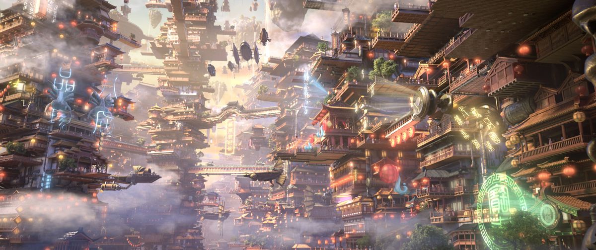 En livlig CG stadsbild i den kinesiska CG-animerade filmen New Gods: Yang Jian, som visar en blandning av kinesisk arkitektur, flytande luftskepp, glödande hologram och drivande moln 