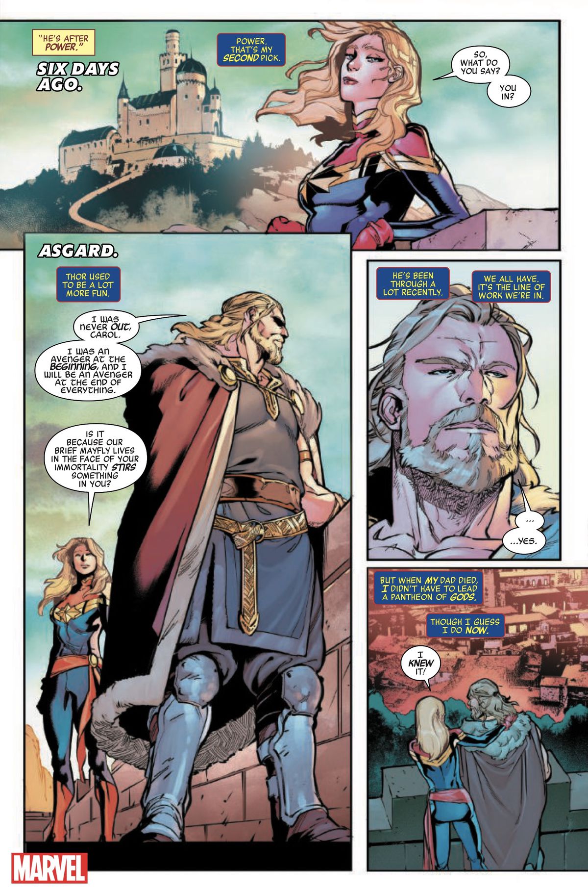 Kapten Marvel och Thor står på vallar i Asgård.  Hon ber honom att vara med i Avengers igen och han svarar: 