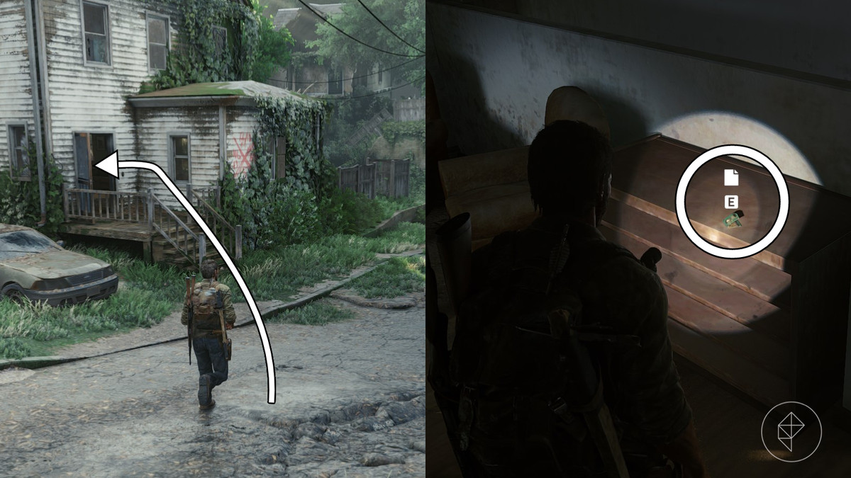 Matchbook artifact and safe code location in the Suburbs section of the The Suburbs chapter in The Last of Us Part 1
