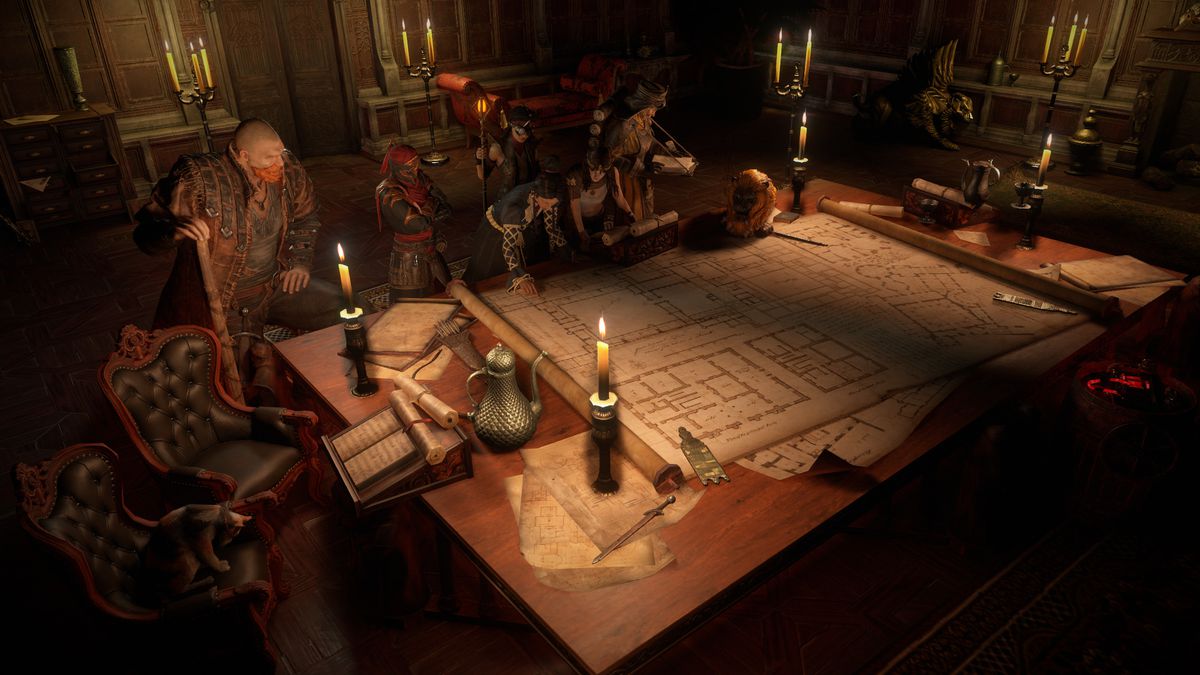 Karaktärer samlas runt ett bord för att konsultera tomes och kartor i Path of Exile