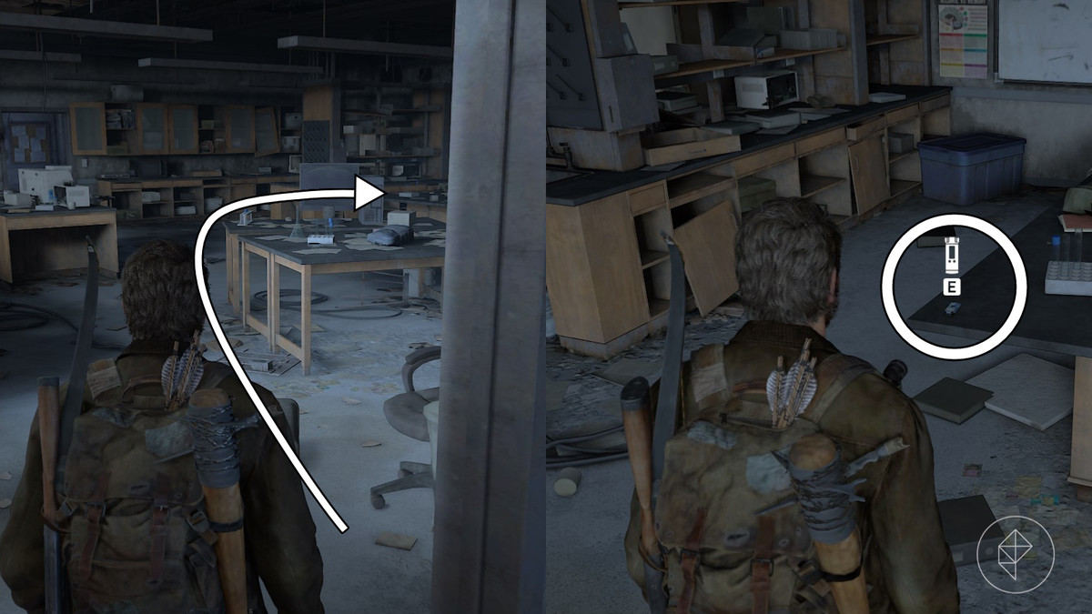 Plats för labbinspelares artefakt i Science Building-sektionen i University-kapitlet i The Last of Us Del 1