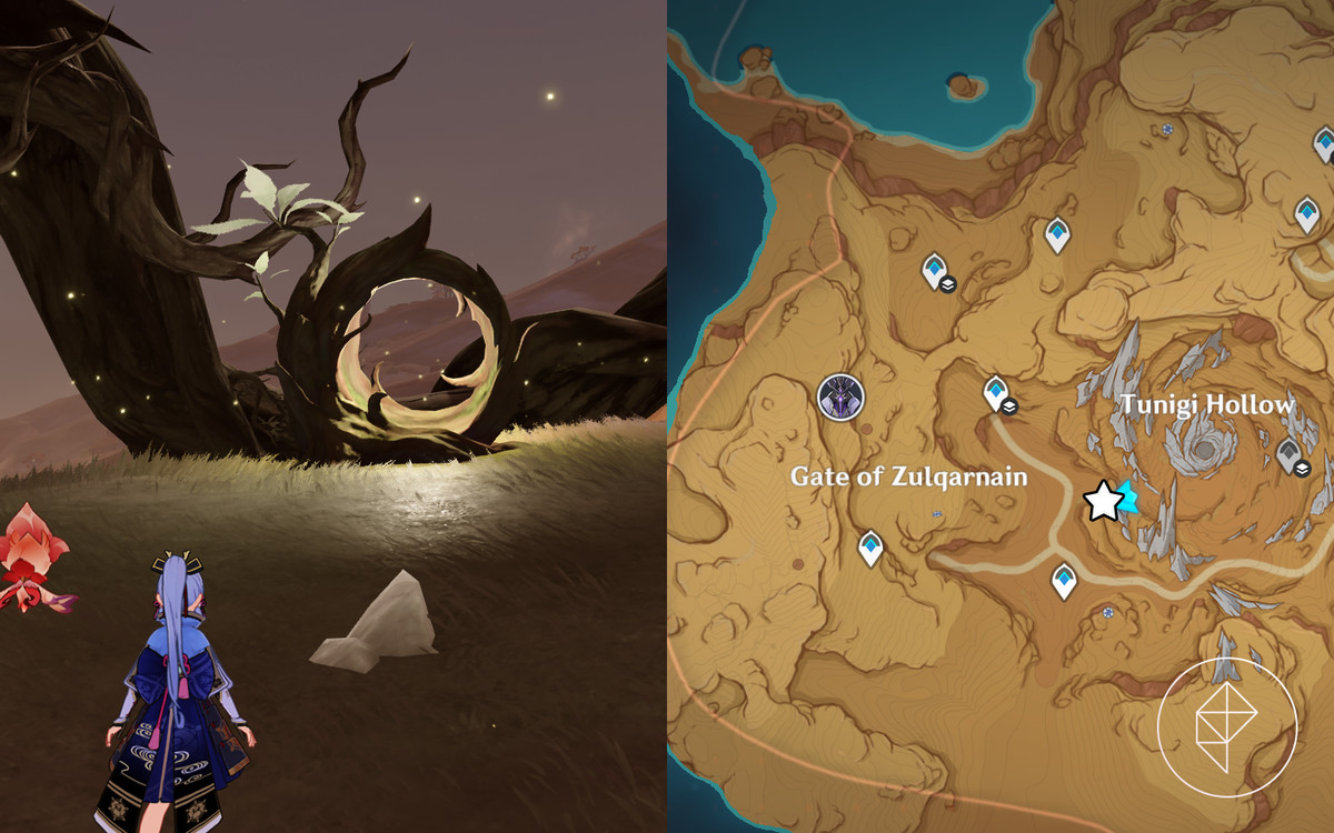Det sjätte Fravashi-trädet i Genshin Impact indikeras av en skärmdump i spelet och en stjärna på kartan.