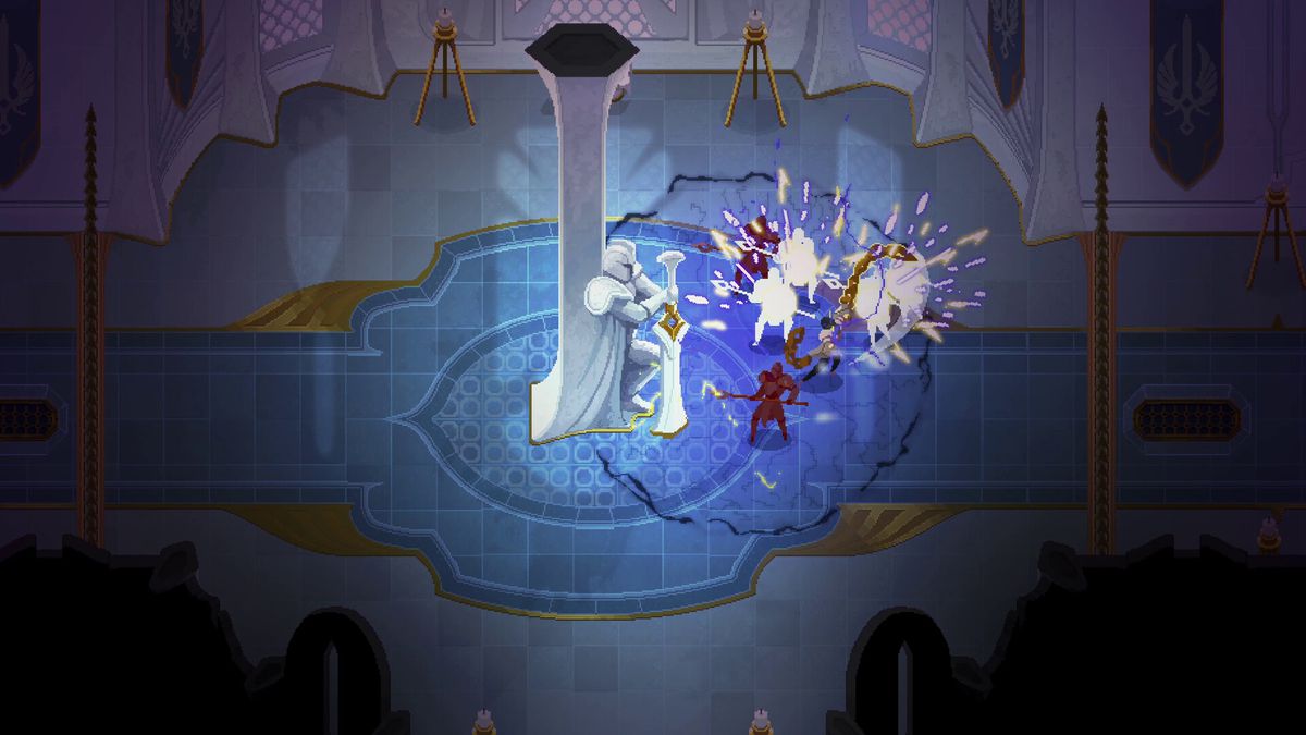 Mageseeker: A League of Legends Story - Sylas kämpar genom en vit och blå hall i Demacia och använder sina kedjor för att slå några vakter.