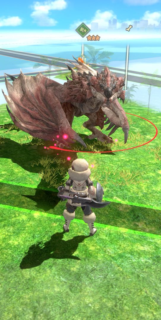 En mänsklig spelare möter en Rathalos på världskartan i en skärmdump från Monster Hunter Now