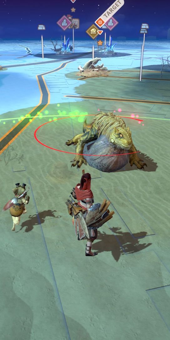 En mänsklig spelare och en Palico möter en Great Jagras på världskartan i en skärmdump från Monster Hunter Now