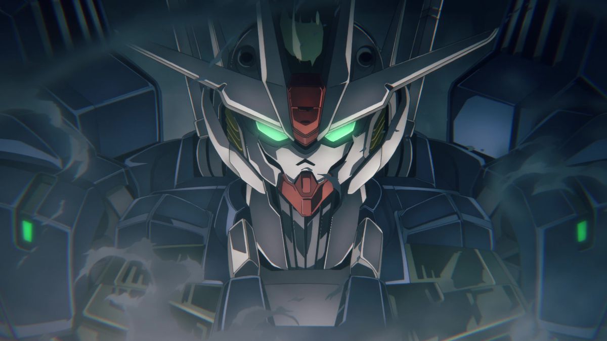 En närbild på huvudet av jätten Gundam Aeriel, från Mobile Suit Gundam: The Witch from Mercury