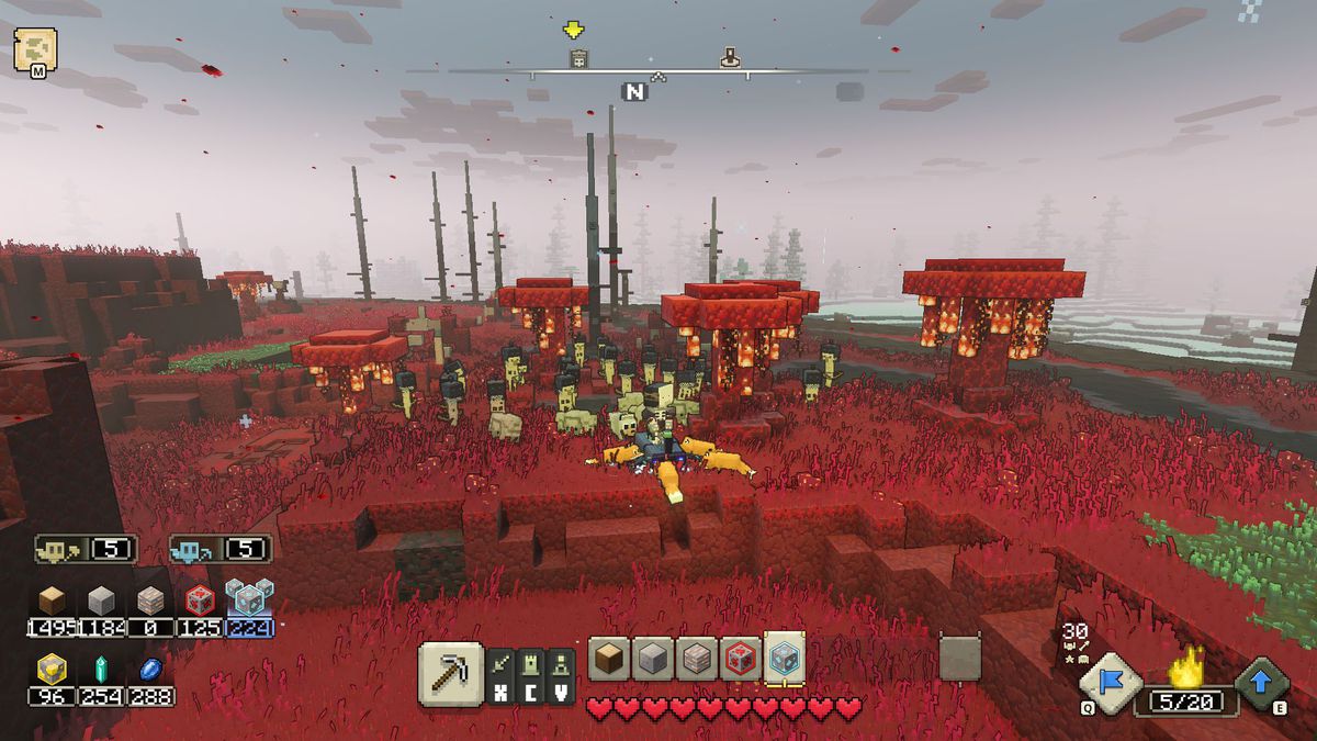 Hjälten är omgiven av en armé av skelettbågskyttar i Minecraft Legends