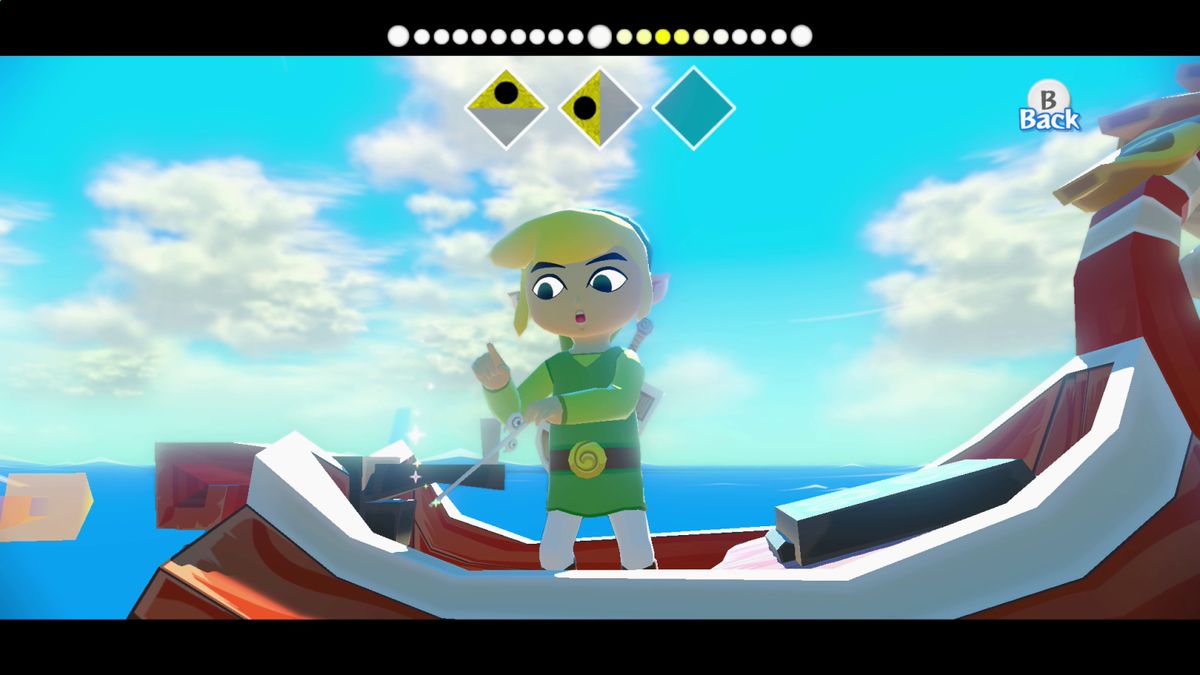 Link använder Wind Waker för att ändra vindarna ovanpå King of Red Lions-båten i The Legend of Zelda: Wind Waker HD