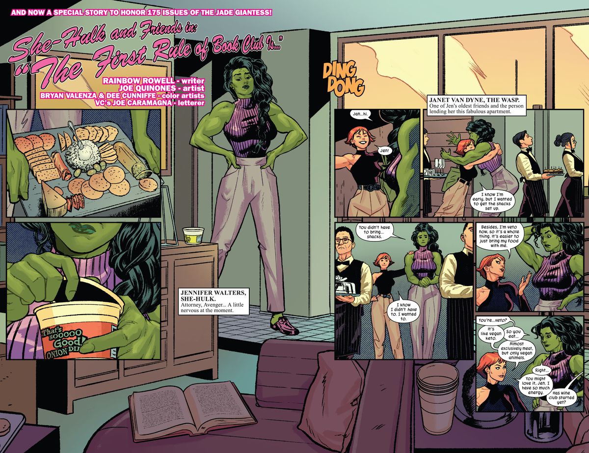 She-Hulk förbereder sig för bokklubben i sin lägenhet, med en ostbricka och lökdopp, innan Janet Van Dyne myser in med cateringfirman för sin 