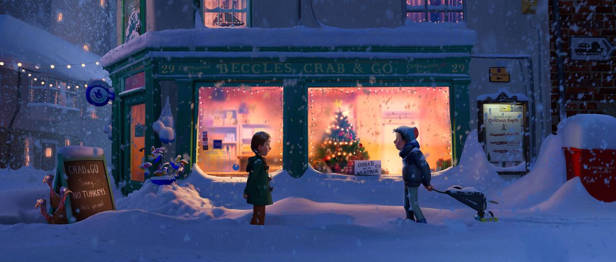 An initial publicity still from Netflix’s animated movie That Christmas shows a boy and a girl standing opposite each other in the street at night as snow falls heavily around them. Both are silhouetted against the bright peach light coming from a shop window and its Christmas tree behind them.
