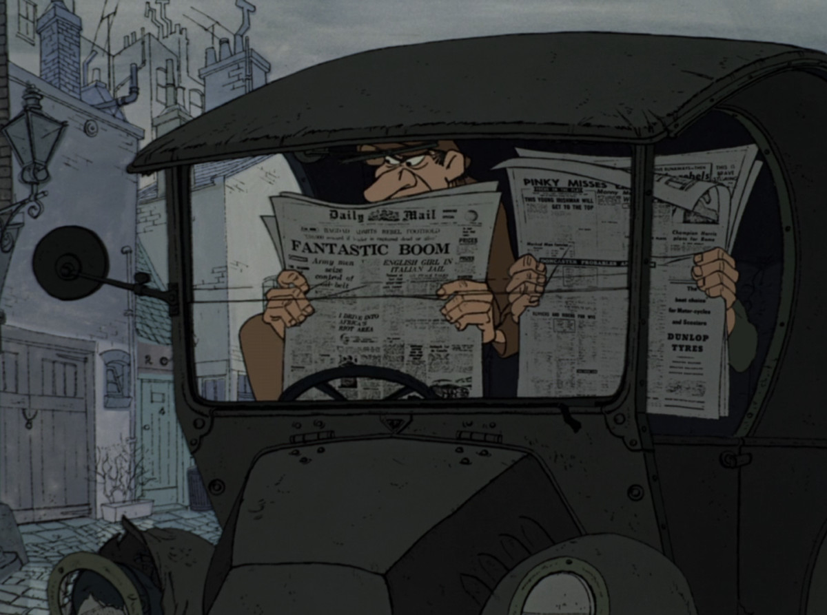 Jasper and Horace sit in their beat up car with newspapers held in front of their faces in One Hundred and One Dalmatians. The newspapers have a distinctly photographed quality to them — one is simply the front page of the Daily Mail. 