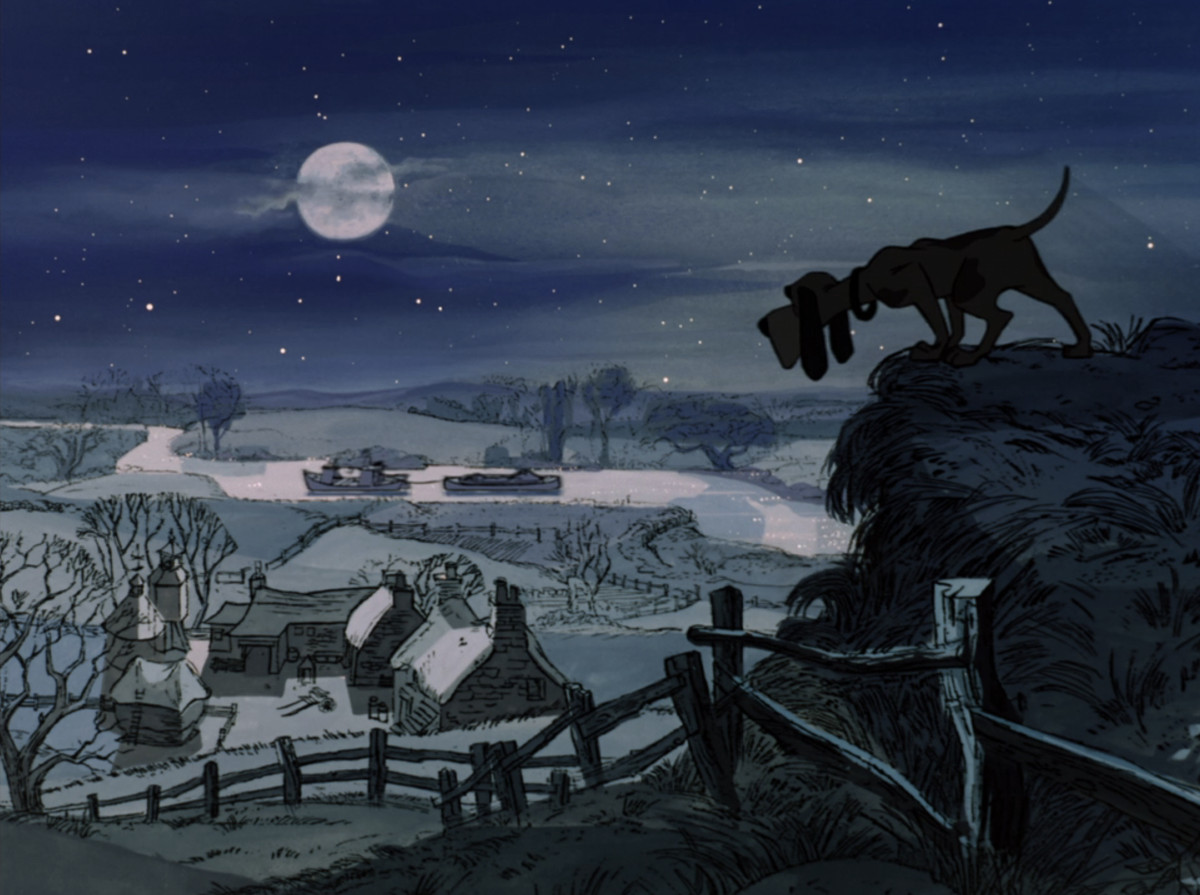 A pastoral scene of a night with a full moon, farmhouses, fences, and bare trees stretch to the horizon, and a barge is towed along a lazy river. A bloodhound stands sentinel on a hill, in 101 Dalmatians. 