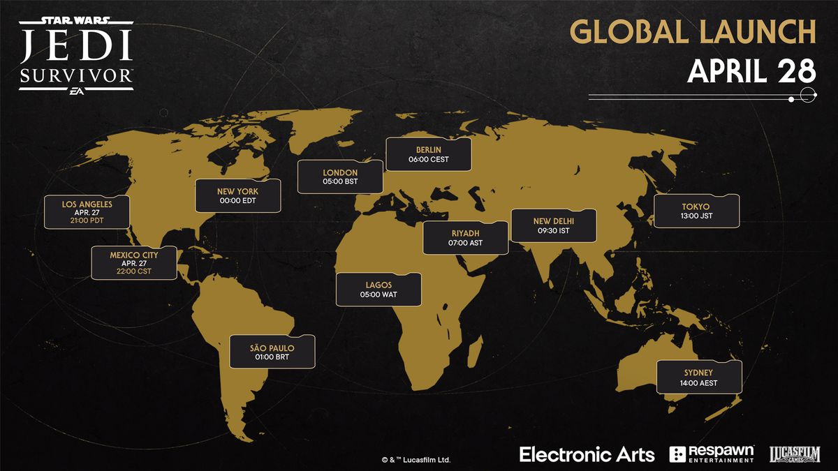 En karta över världen med Star Wars Jedi: Survivor lanseringstider indikerade