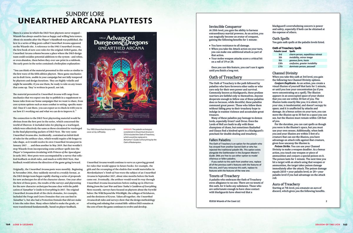 Ett tvåsidigt uppslag från Lore & Legends diskuterar Unearthed Arcana — speltesterna som hjälpte till att förfina D&D:s 5:e upplaga före och efter lanseringen.