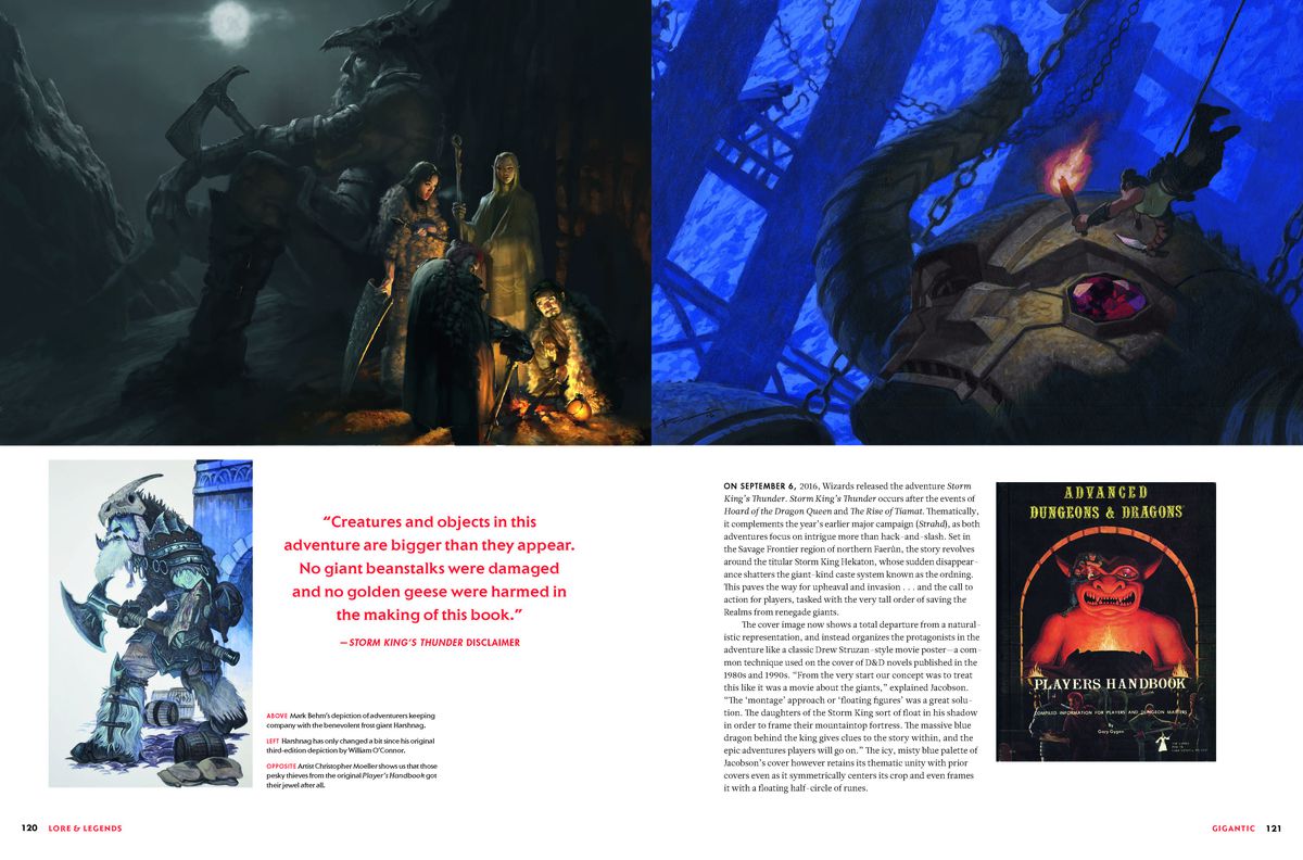 Från Lore & Legends, ett uppslag på två sidor som visar en jätte med en D&D-fest, plus en äventyrare med ett rep som går ner till toppen av en staty för att stjäla juvelögat.  En infogning visar AD&D Player's Handbook.