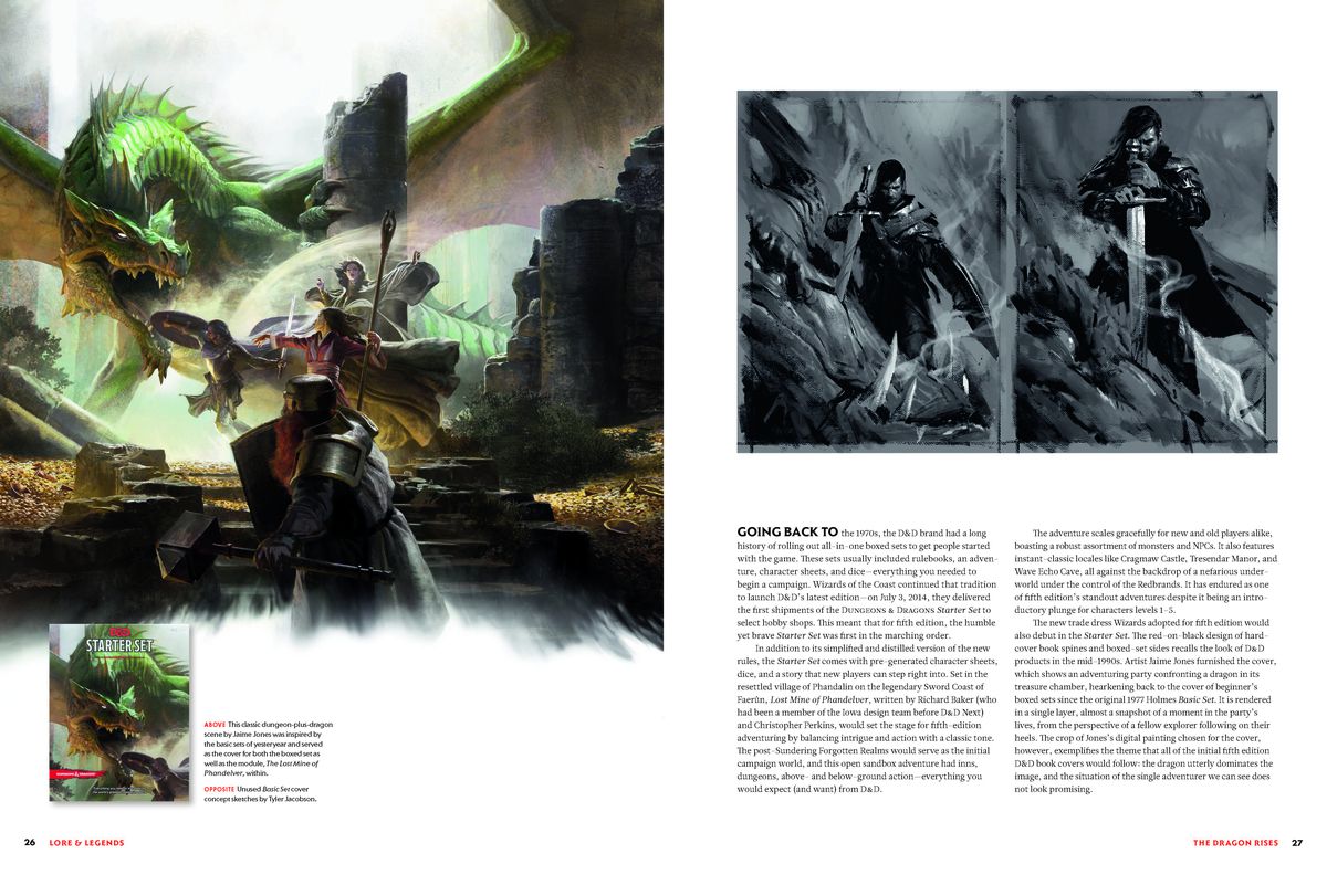 Ett litet uppslag av sidor från Lore & Legends.  Till vänster, omslaget till den ursprungliga 5:e utgåvans startset.  Till höger två versioner av en svartvit bild av en krigare som dödar en drake.