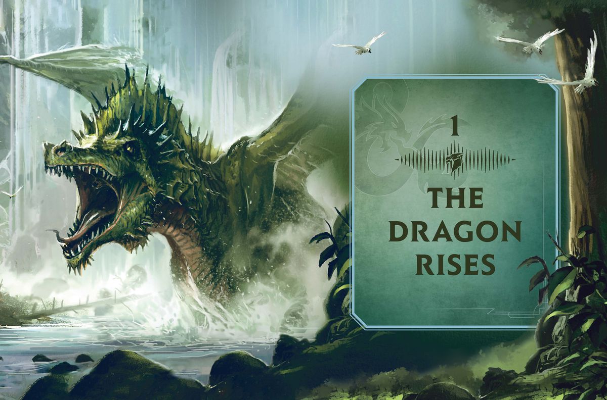 En kapiteltitelsida för Lore & Legends, kapitel 1 draken reser sig, som visar en rasande grön drake under ett vattenfall.