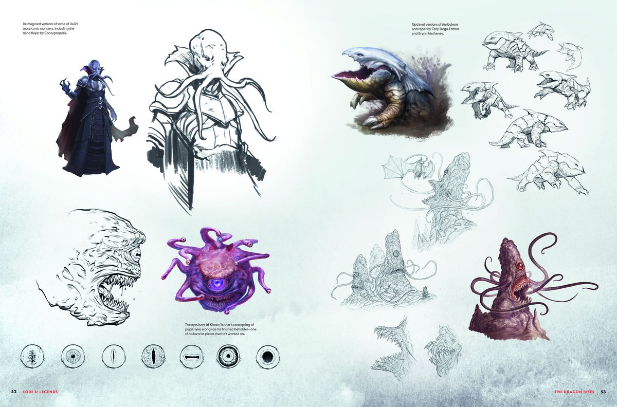 Tidiga skisser av en sinnesflayer, en betraktare, en buletter och ett tentaklermonster som visas i Lore & Legends.