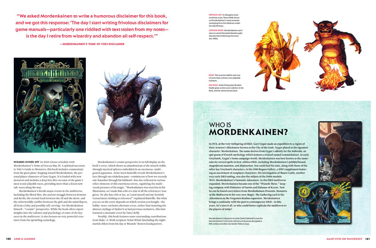 Ett tvåsidigt uppslag från Lore & Legends som diskuterar Mordenkainen, inklusive hans bok Mordenkainens Tome of Foes.