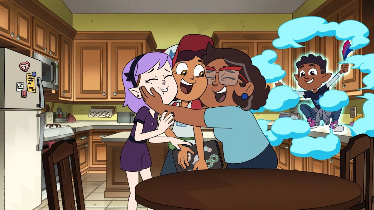camila hugs luz and amity while gus blasts illusions around in animated show The Owl House.