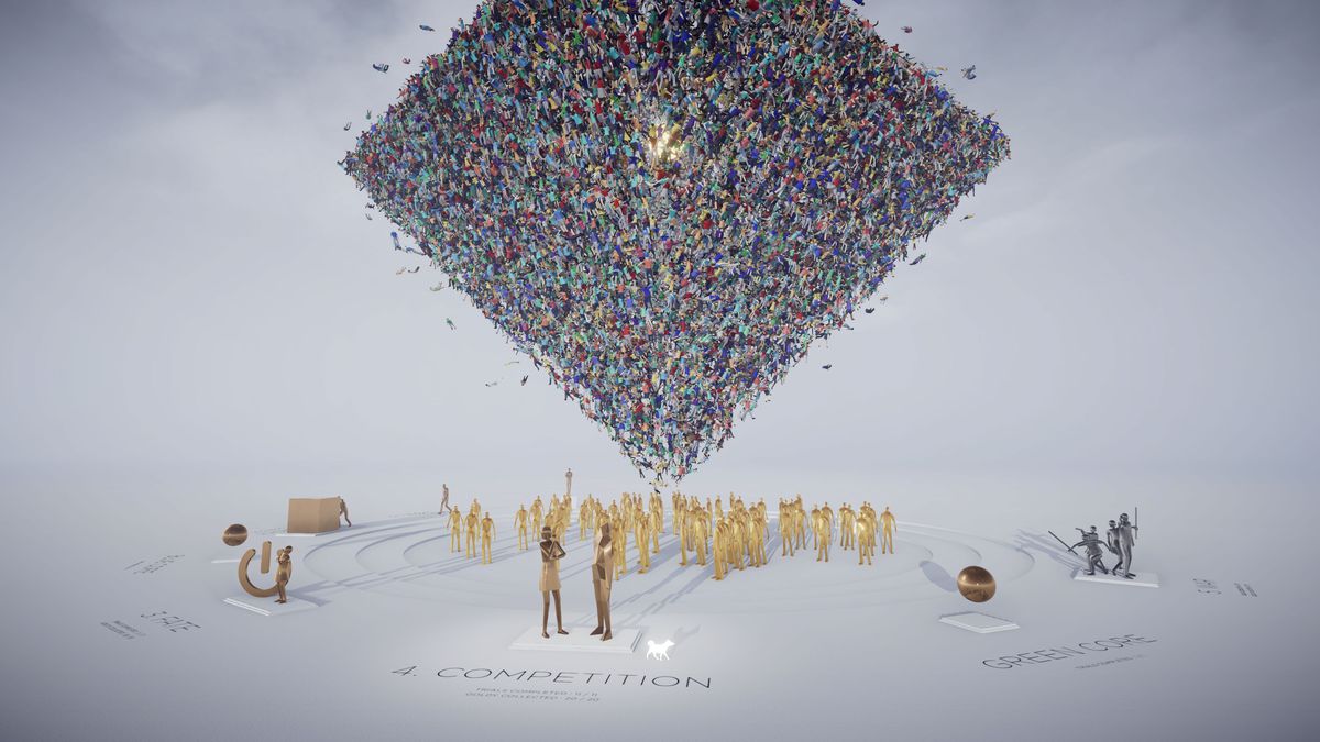 En enorm kub av människokroppar svävar över guldstatyer i Humanity, det nya PlayStation/PC-samarbetet mellan tha och Tetsuya Mizuguchis Enhance. 