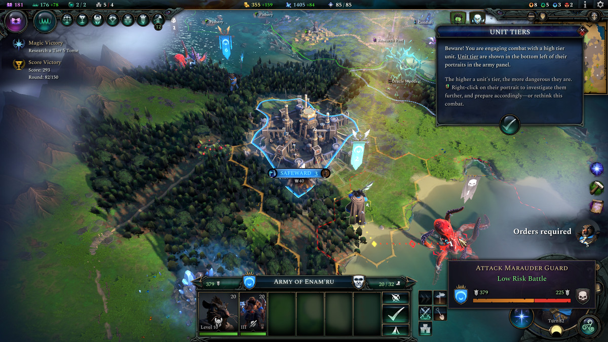 En flygvy av övervärldskartan i Age of Wonders 4, som visar en High Elf-stad omgiven av en stor skog på tre sidor och en kustlinje i sydost