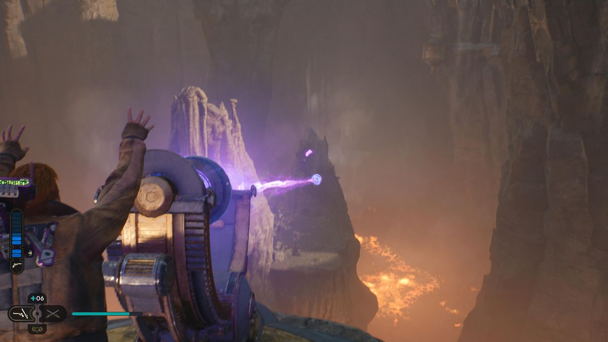 Cal Kestis vickar med en lila laser över en lavaklyfta på Koboh i Star Wars Jedi Survivor.