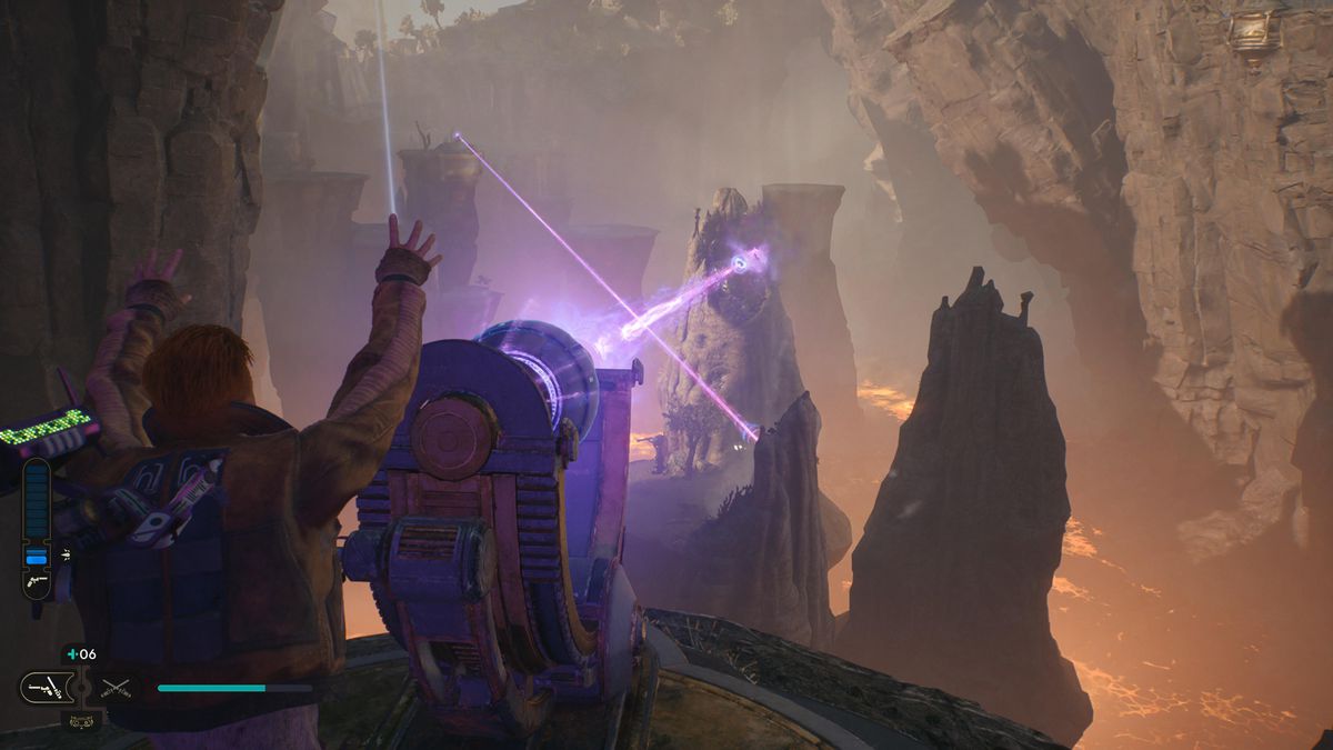 Cal Kestis riktar en lila laser mot lila sten i Star Wars Jedi Survivor.