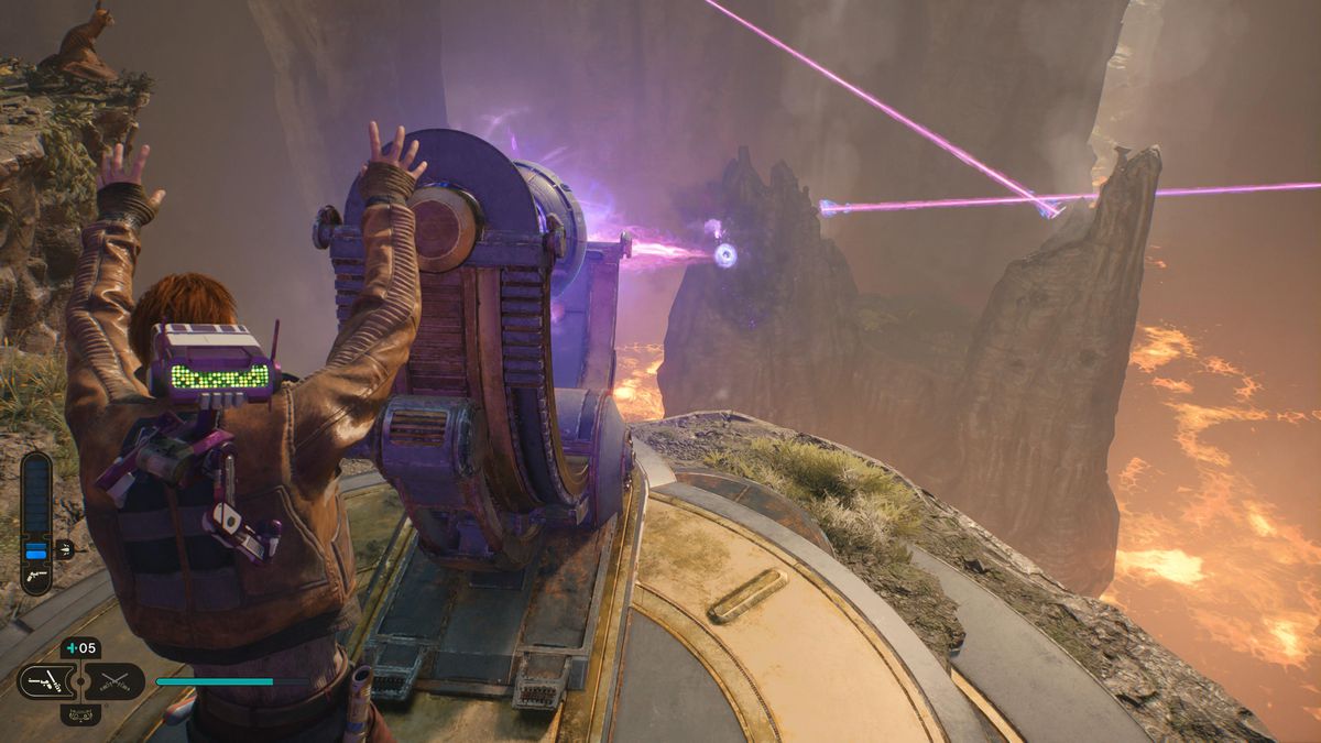 Cal Kestis riktar en lila laser mot en gigantisk lila sten i en avgrund av lava på Koboh i Star Wars Jedi Survivor.