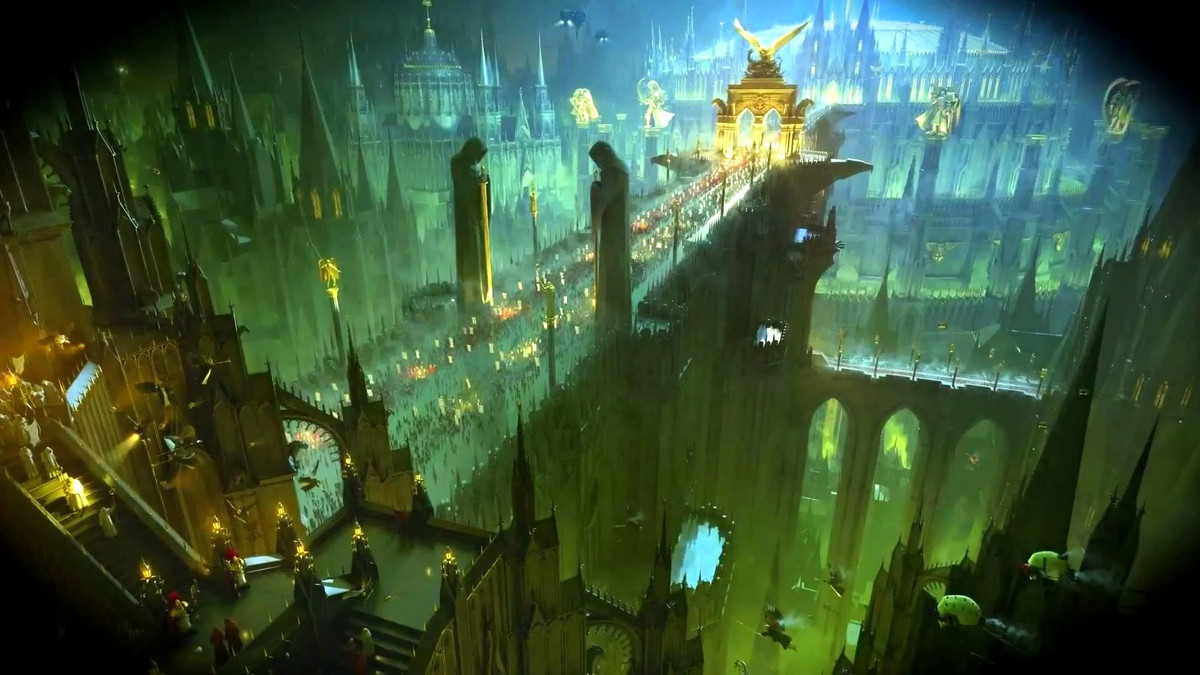 Bild: The great throneworld of Terra, Warhammer 40K:s version av Earth.  I en bikupa stad som innehåller miljarder på miljarder människor marscherar miljontals pilgrimer längs en enormt hög bro.  Bron sträcker sig ner till resten av kupan, en plats för industri och mörker.