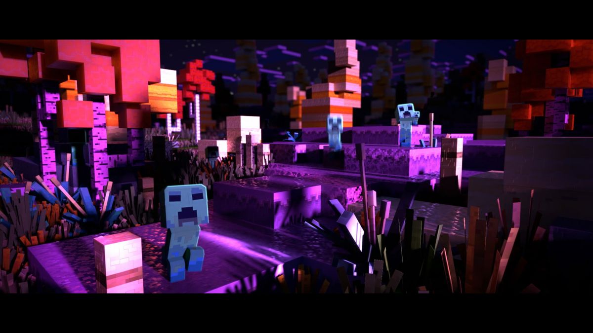 Creepers står på lila block i Minecraft Legends