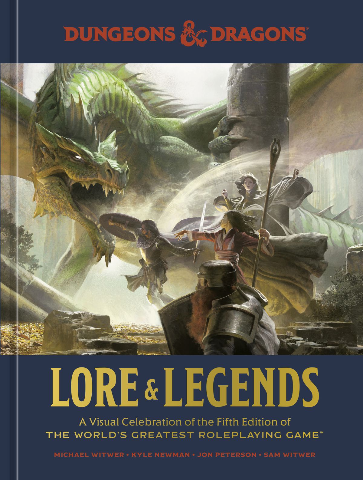 En rendering i full upplösning av omslaget till Lore & Legends, som visar en grön drake som slåss mot ett gäng äventyrare.  En pansardvärg är i förgrunden, en mänsklig krigare i bakgrunden och två spallcasters däremellan.