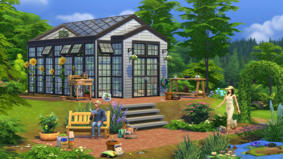 Ett frodigt växthus som man ser i Sims 4